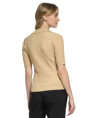 Women's X-Fit Collared Rib-Knit Sweater Tan/Beige $34.76 Tops