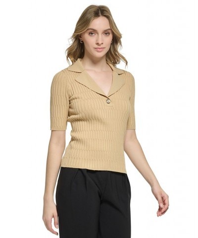 Women's X-Fit Collared Rib-Knit Sweater Tan/Beige $34.76 Tops