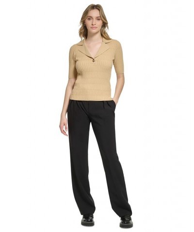 Women's X-Fit Collared Rib-Knit Sweater Tan/Beige $34.76 Tops