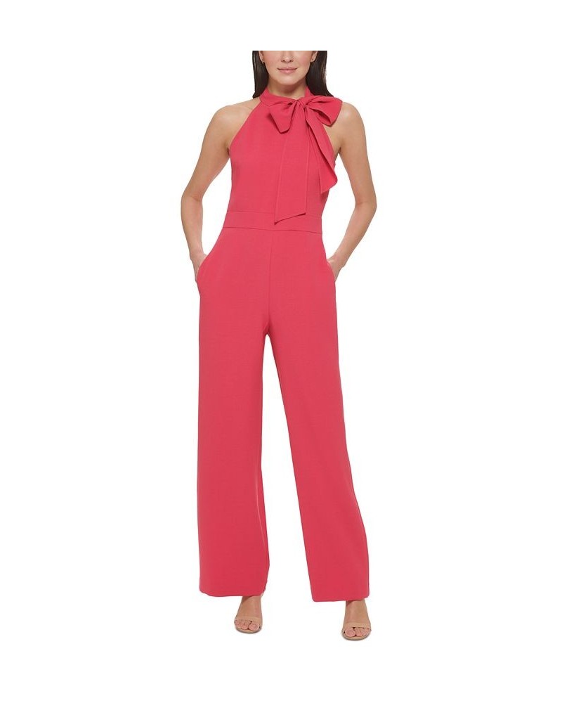 Women's Signature Stretch Crepe Bow-Neck Halter Jumpsuit Hot Pink $36.12 Pants