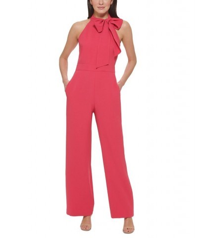 Women's Signature Stretch Crepe Bow-Neck Halter Jumpsuit Hot Pink $36.12 Pants