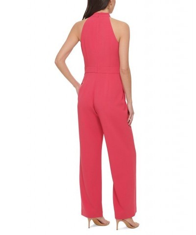 Women's Signature Stretch Crepe Bow-Neck Halter Jumpsuit Hot Pink $36.12 Pants