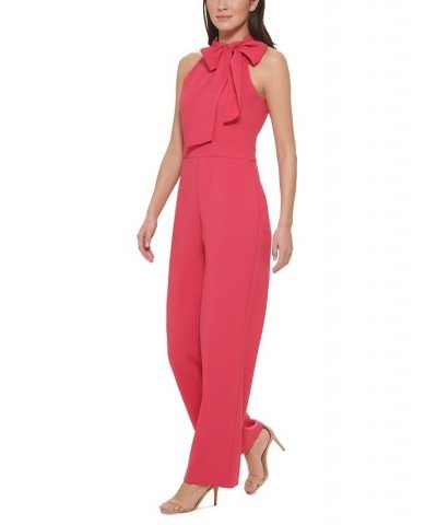 Women's Signature Stretch Crepe Bow-Neck Halter Jumpsuit Hot Pink $36.12 Pants