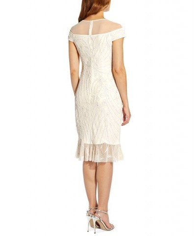 Women's Illusion-Trim Beaded Dress Ivory $112.71 Dresses