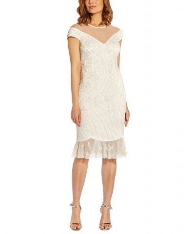 Women's Illusion-Trim Beaded Dress Ivory $112.71 Dresses