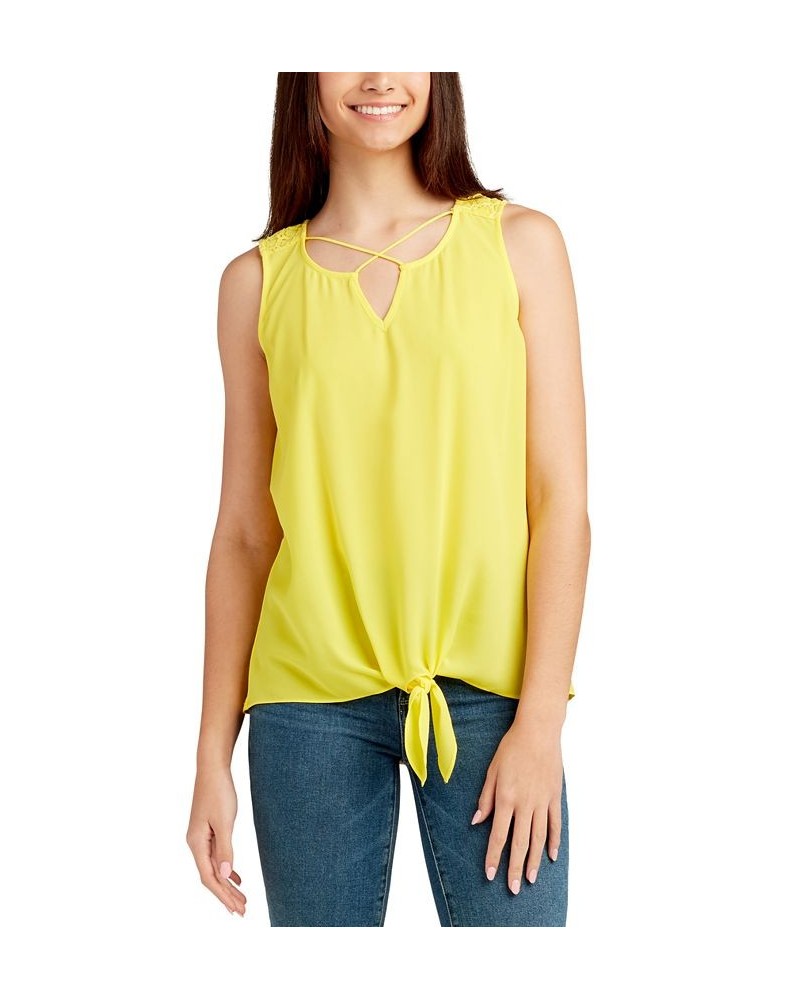 Juniors' Lattice-Neck-Tie Front Tank Top Yellow $21.56 Tops