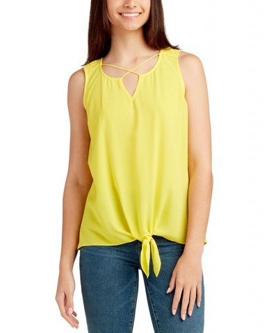 Juniors' Lattice-Neck-Tie Front Tank Top Yellow $21.56 Tops