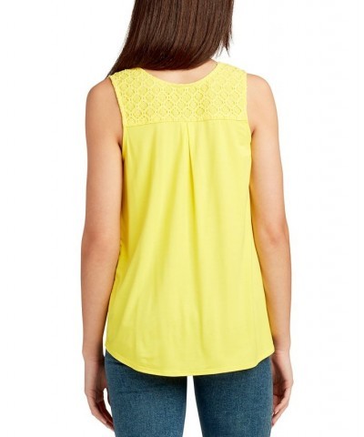 Juniors' Lattice-Neck-Tie Front Tank Top Yellow $21.56 Tops