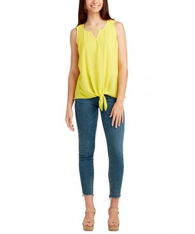 Juniors' Lattice-Neck-Tie Front Tank Top Yellow $21.56 Tops