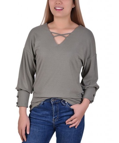 Petite Long Sleeve Criss Cross Neck Pullover Top Light Olive $15.68 Tops