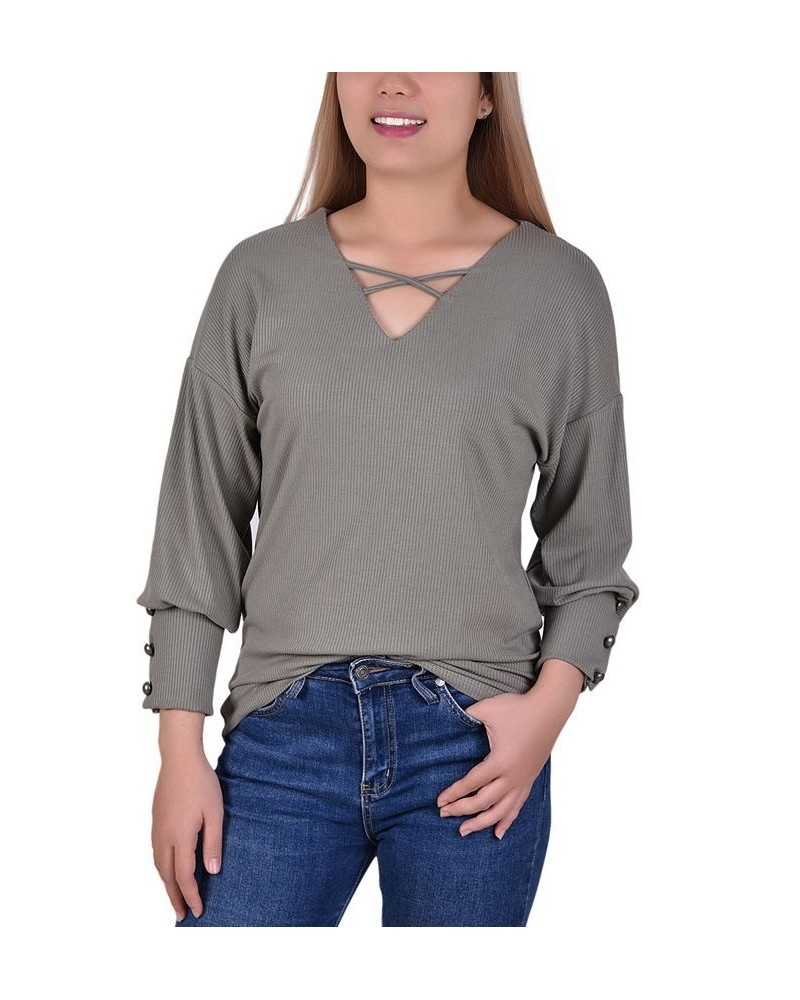 Petite Long Sleeve Criss Cross Neck Pullover Top Light Olive $15.68 Tops