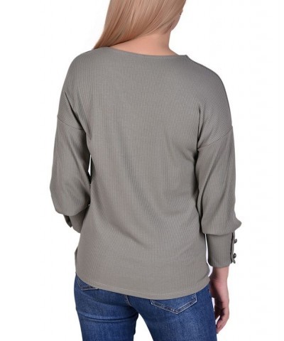 Petite Long Sleeve Criss Cross Neck Pullover Top Light Olive $15.68 Tops