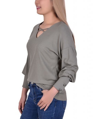 Petite Long Sleeve Criss Cross Neck Pullover Top Light Olive $15.68 Tops