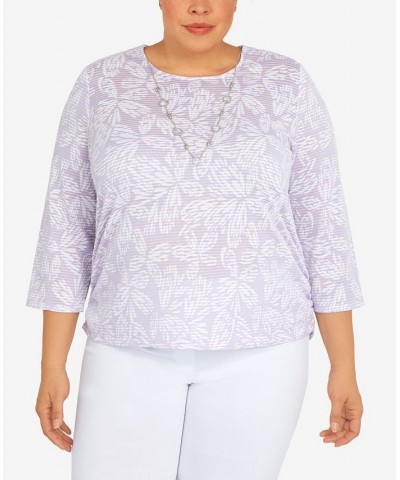 Plus Size Classic Floral Jacquard Butterfly Knit Top with Necklace Purple $29.40 Tops