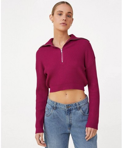 Women's Crop Rib Zip Collar Sweater Red $25.80 Sweaters