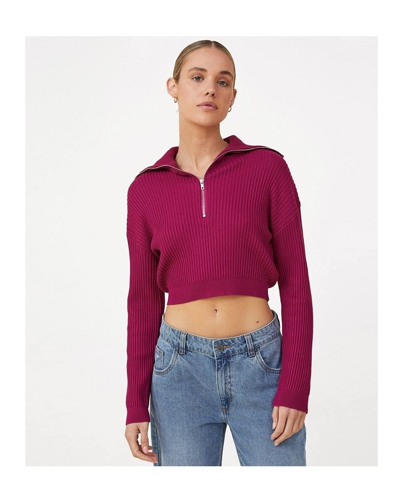 Women's Crop Rib Zip Collar Sweater Red $25.80 Sweaters