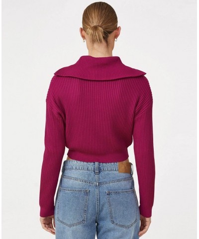 Women's Crop Rib Zip Collar Sweater Red $25.80 Sweaters