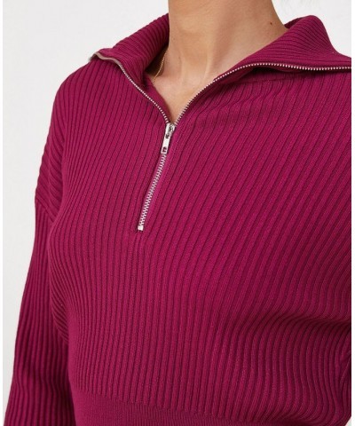 Women's Crop Rib Zip Collar Sweater Red $25.80 Sweaters