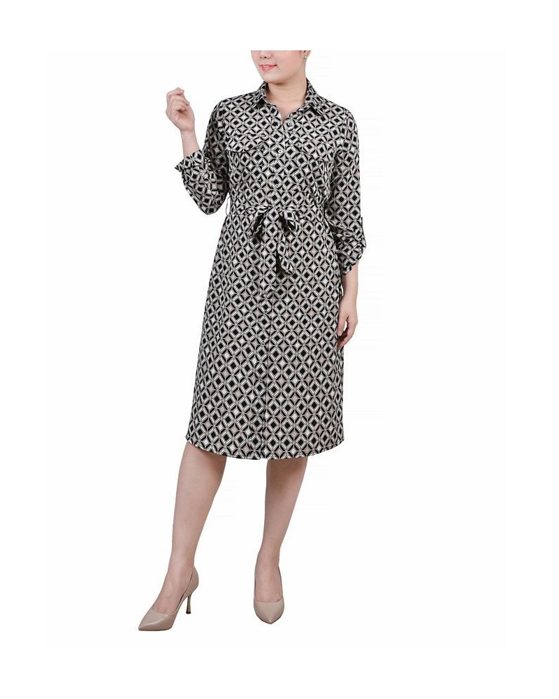 Women's 3/4 Sleeve Roll Tab Shirtdress with Belt Black Doeskin Geo $20.72 Dresses