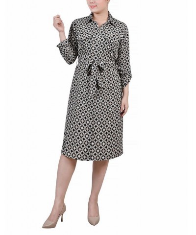 Women's 3/4 Sleeve Roll Tab Shirtdress with Belt Black Doeskin Geo $20.72 Dresses