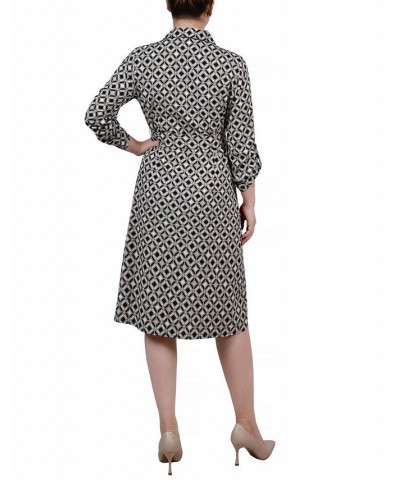 Women's 3/4 Sleeve Roll Tab Shirtdress with Belt Black Doeskin Geo $20.72 Dresses