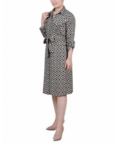 Women's 3/4 Sleeve Roll Tab Shirtdress with Belt Black Doeskin Geo $20.72 Dresses