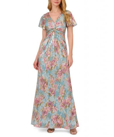 Women's Metallic Floral-Print Flutter-Sleeve Gown Mint Multi $95.83 Dresses