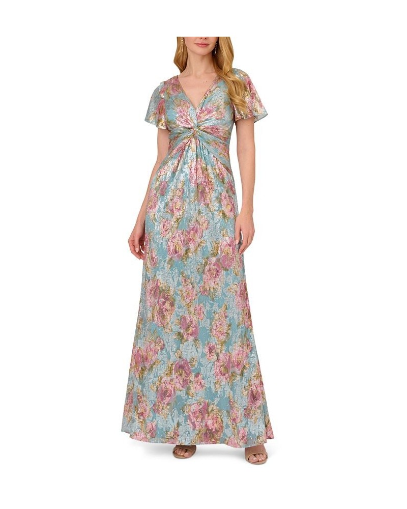 Women's Metallic Floral-Print Flutter-Sleeve Gown Mint Multi $95.83 Dresses