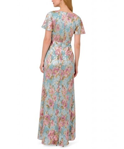 Women's Metallic Floral-Print Flutter-Sleeve Gown Mint Multi $95.83 Dresses