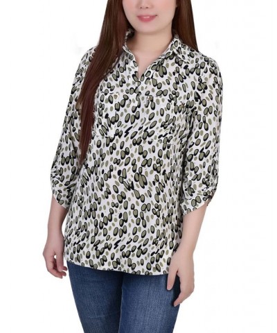 Women's 3/4 Ruched Sleeve Studded Y-neck Top Gray Abstract Dots $13.86 Tops