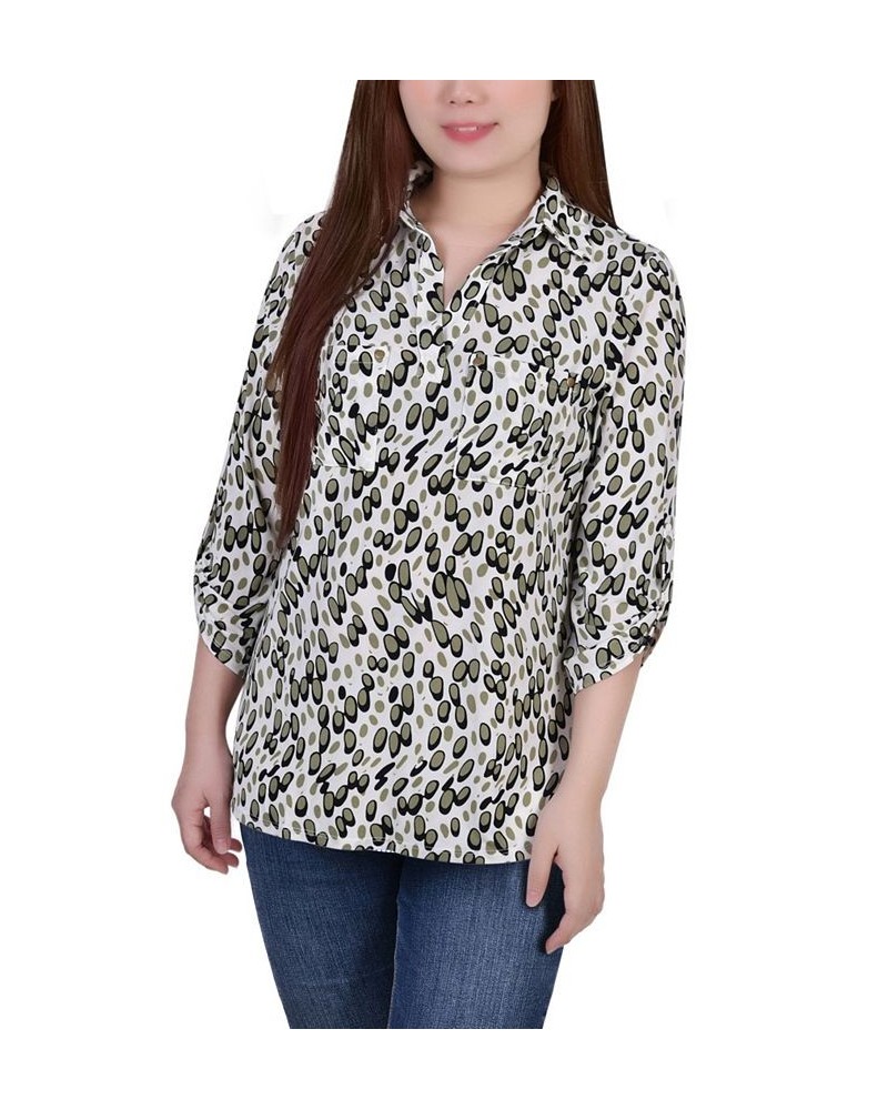 Women's 3/4 Ruched Sleeve Studded Y-neck Top Gray Abstract Dots $13.86 Tops