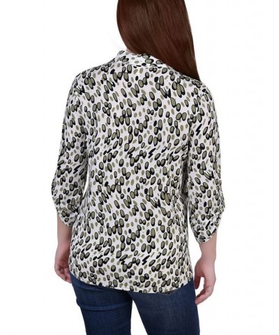 Women's 3/4 Ruched Sleeve Studded Y-neck Top Gray Abstract Dots $13.86 Tops