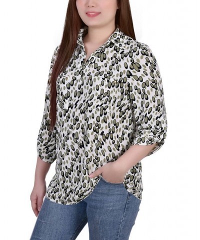 Women's 3/4 Ruched Sleeve Studded Y-neck Top Gray Abstract Dots $13.86 Tops