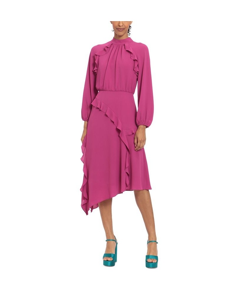 Women's Ruffle-Trim Asymmetrical-Hem Midi Dress Festival Fuchsia $72.68 Dresses