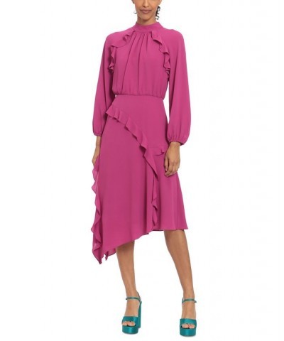 Women's Ruffle-Trim Asymmetrical-Hem Midi Dress Festival Fuchsia $72.68 Dresses