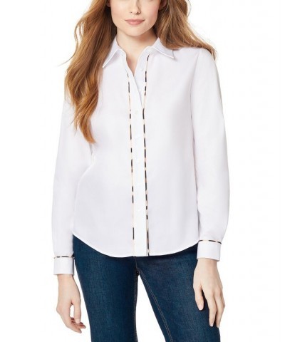 Women's Easy Care Y-Neck Button Down with Piping Blouse NYC White, Animal $23.00 Tops