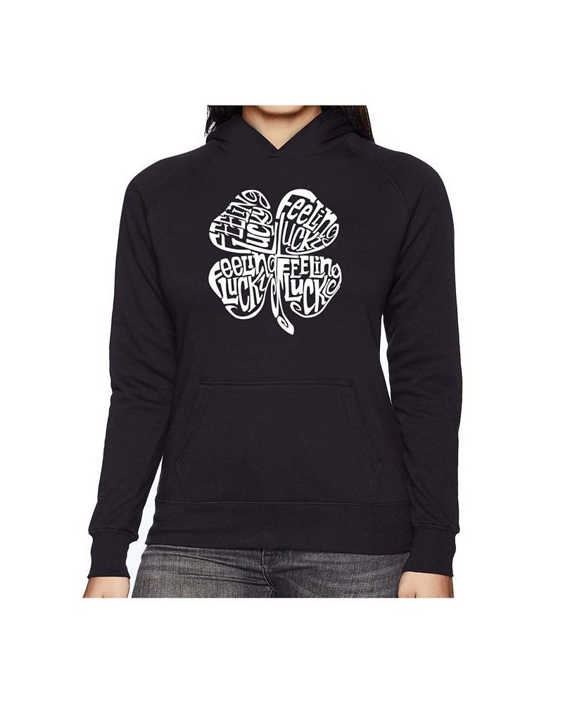 Women's Word Art Hooded Sweatshirt -Feeling Lucky Black $31.19 Sweatshirts