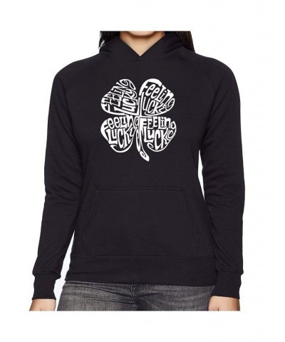 Women's Word Art Hooded Sweatshirt -Feeling Lucky Black $31.19 Sweatshirts