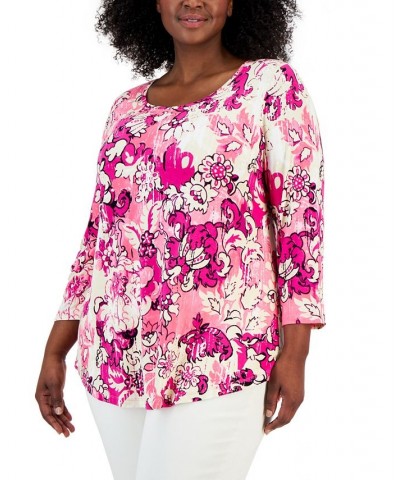 Plus Size Floral-Print 3/4-Sleeve Top Wild Pink Combo $12.15 Tops