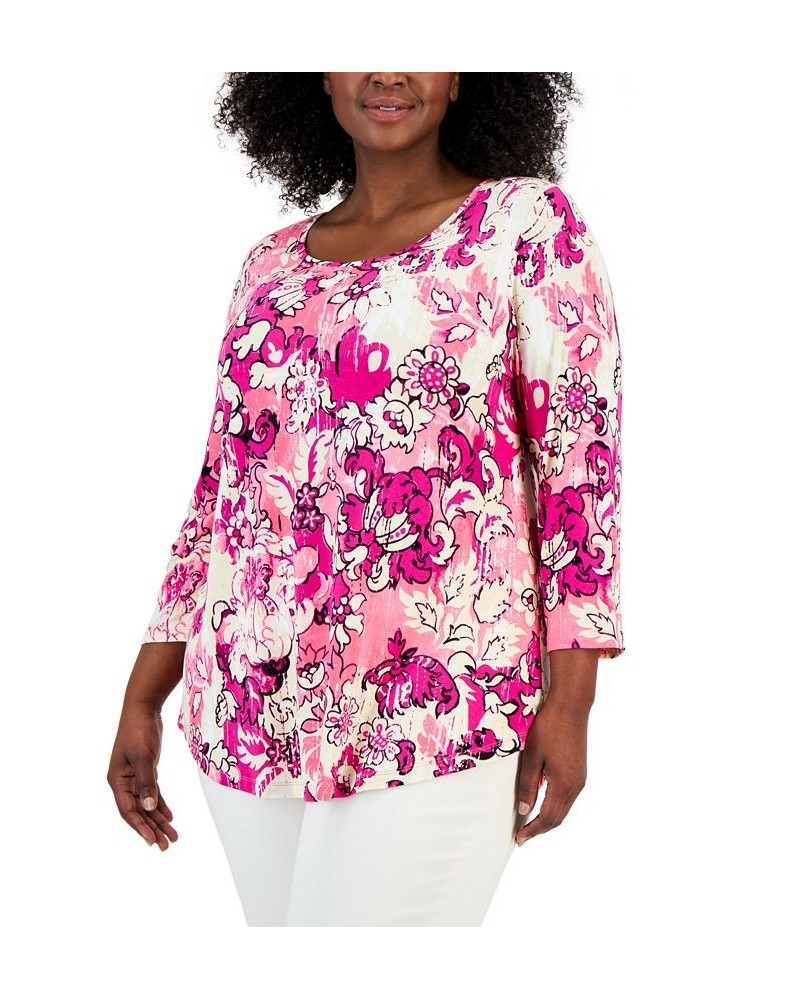 Plus Size Floral-Print 3/4-Sleeve Top Wild Pink Combo $12.15 Tops