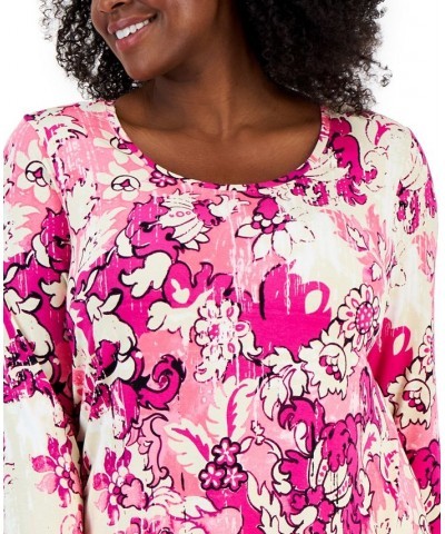 Plus Size Floral-Print 3/4-Sleeve Top Wild Pink Combo $12.15 Tops