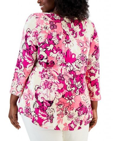 Plus Size Floral-Print 3/4-Sleeve Top Wild Pink Combo $12.15 Tops