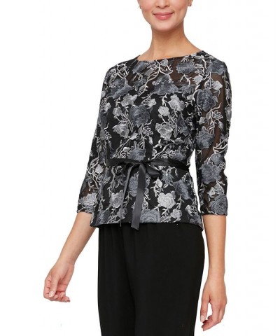 Petite Embroidered Belted 3/4-Sleeve Blouse Black Grey $50.88 Tops