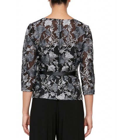 Petite Embroidered Belted 3/4-Sleeve Blouse Black Grey $50.88 Tops