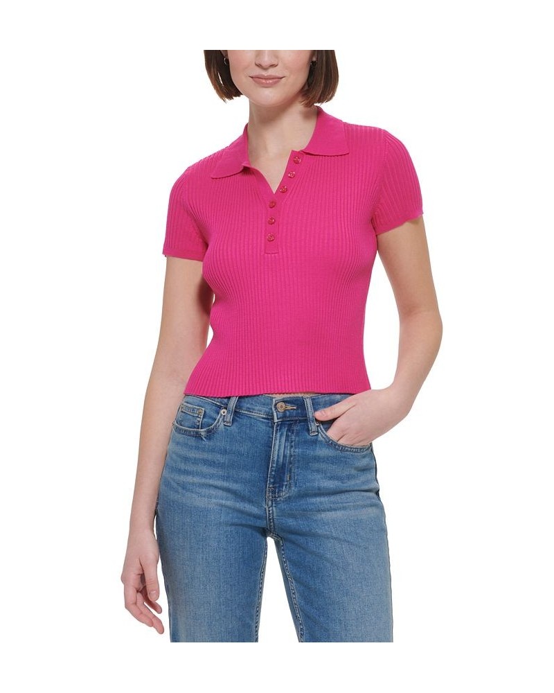 Women's Ribbed Quarter-Button Polo Shirt Purple $26.78 Tops