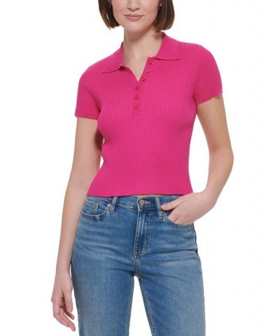 Women's Ribbed Quarter-Button Polo Shirt Purple $26.78 Tops