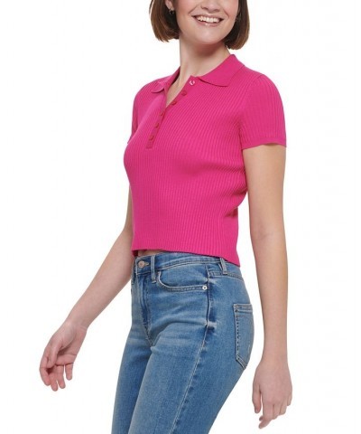 Women's Ribbed Quarter-Button Polo Shirt Purple $26.78 Tops