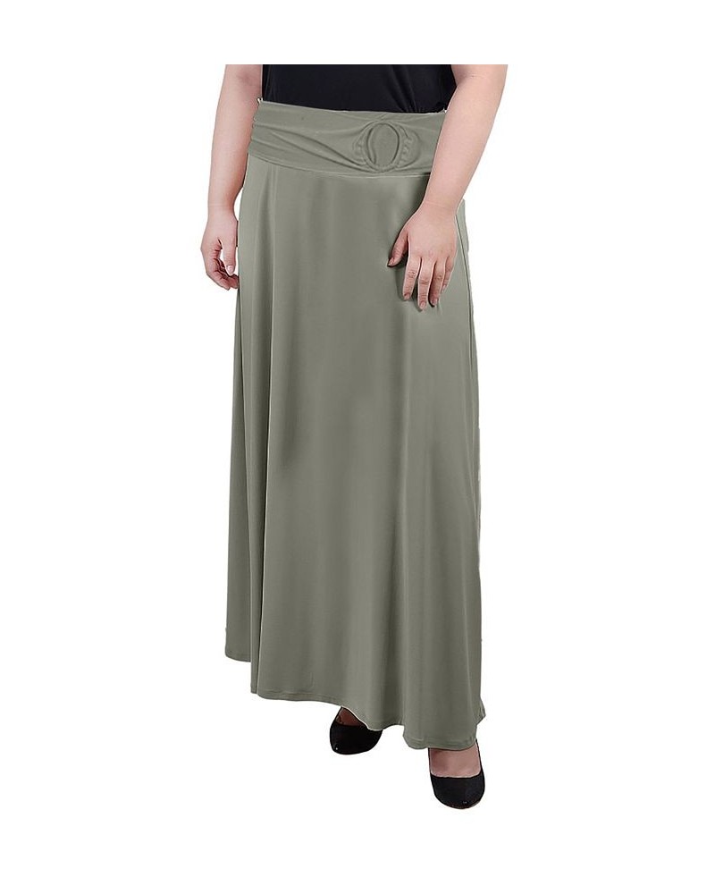 Plus Size Maxi A-Line Skirt with Front Faux Belt Oil Green $13.06 Skirts