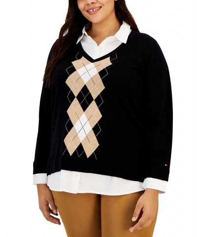 Plus Size Cotton Argyle Layered-Look Sweater Black Multi $21.49 Sweaters