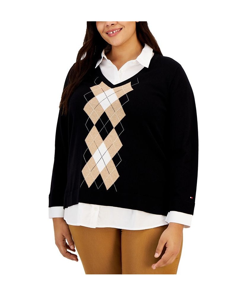 Plus Size Cotton Argyle Layered-Look Sweater Black Multi $21.49 Sweaters